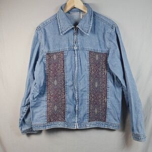 Units Denim Jacket Women Medium Medallion Print Embellished Zip Front Blue